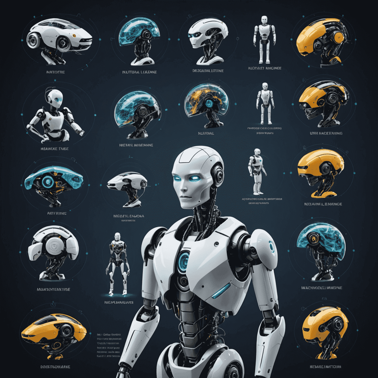 Изображение, показывающее различные аспекты искусственного интеллекта: роботы, нейронные сети, алгоритмы машинного обучения